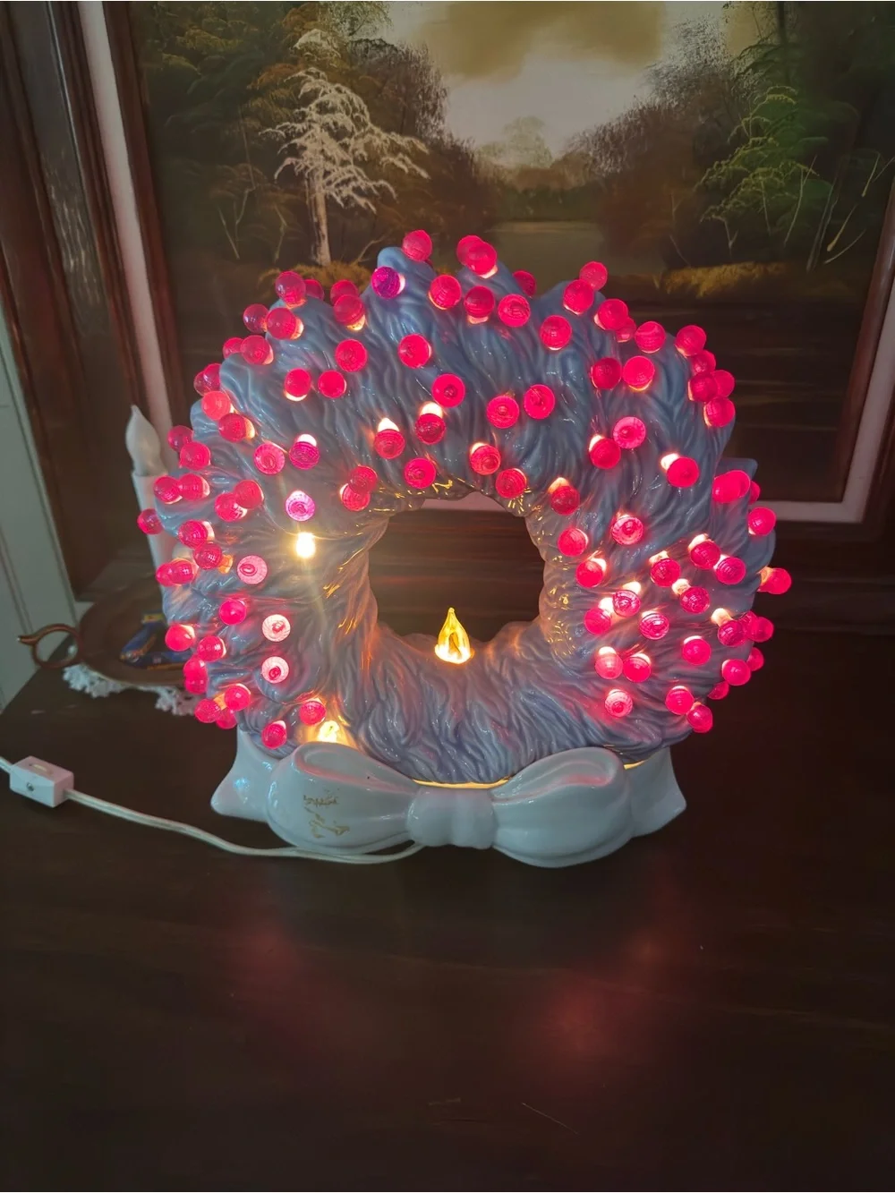 Vintage Lighted ceramic Christmas Wreath – Purple & White Ceramic